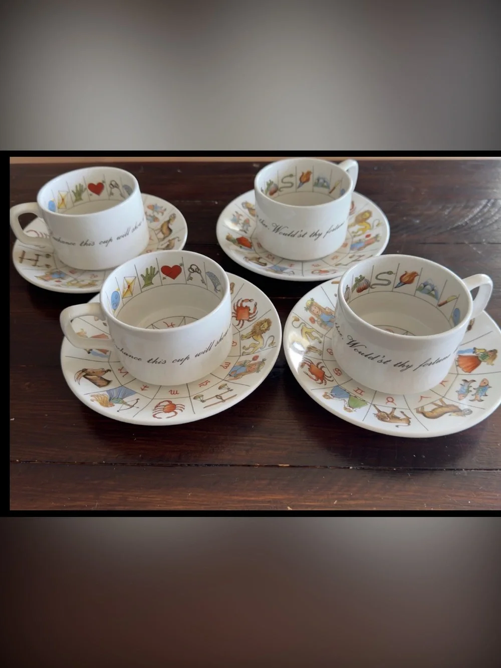 4 Jon Anton Taltos Fortune Telling Teacup & Saucer Sets Made In England Set of 4